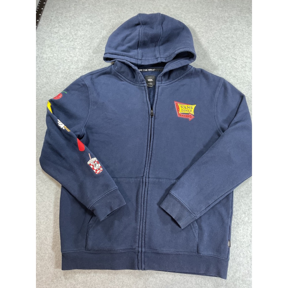 Vans Diner Zip Up Hoodie Navy Blue Graphic Retro Food Characters Mens XL 2125